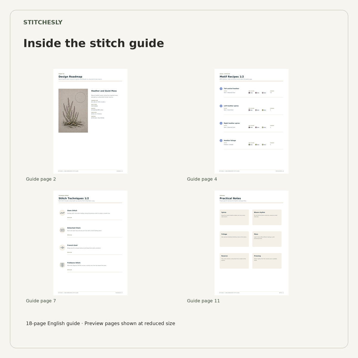 Four reduced-size preview pages from the 18-page Heather and Quiet Moss stitch guide.