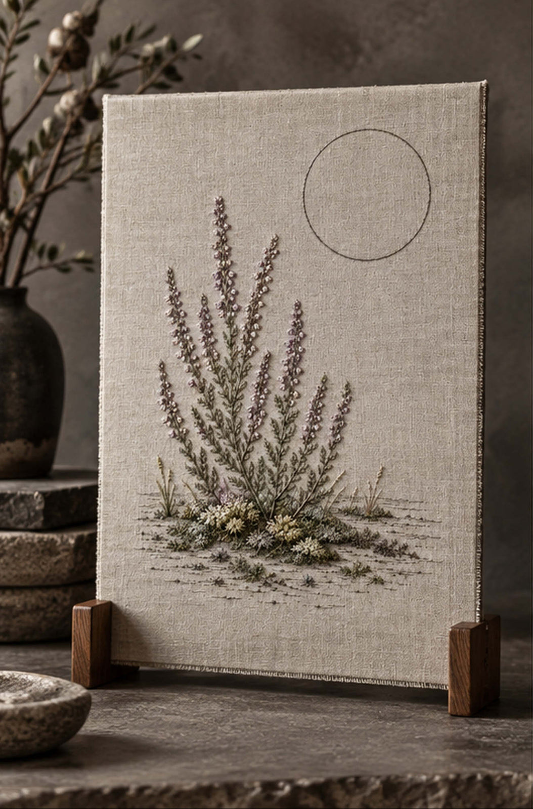 Framed linen panel mockup featuring the Heather and Quiet Moss hand embroidery design. Mauve heather rises from a low moss bed, with an unfilled circle above the ground.