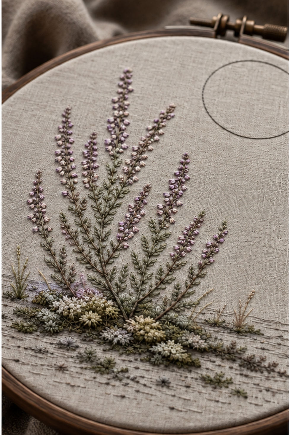 Close view of heather embroidery mockup featuring the Heather and Quiet Moss hand embroidery design. Mauve heather rises from a low moss bed, with an unfilled circle above the ground.
