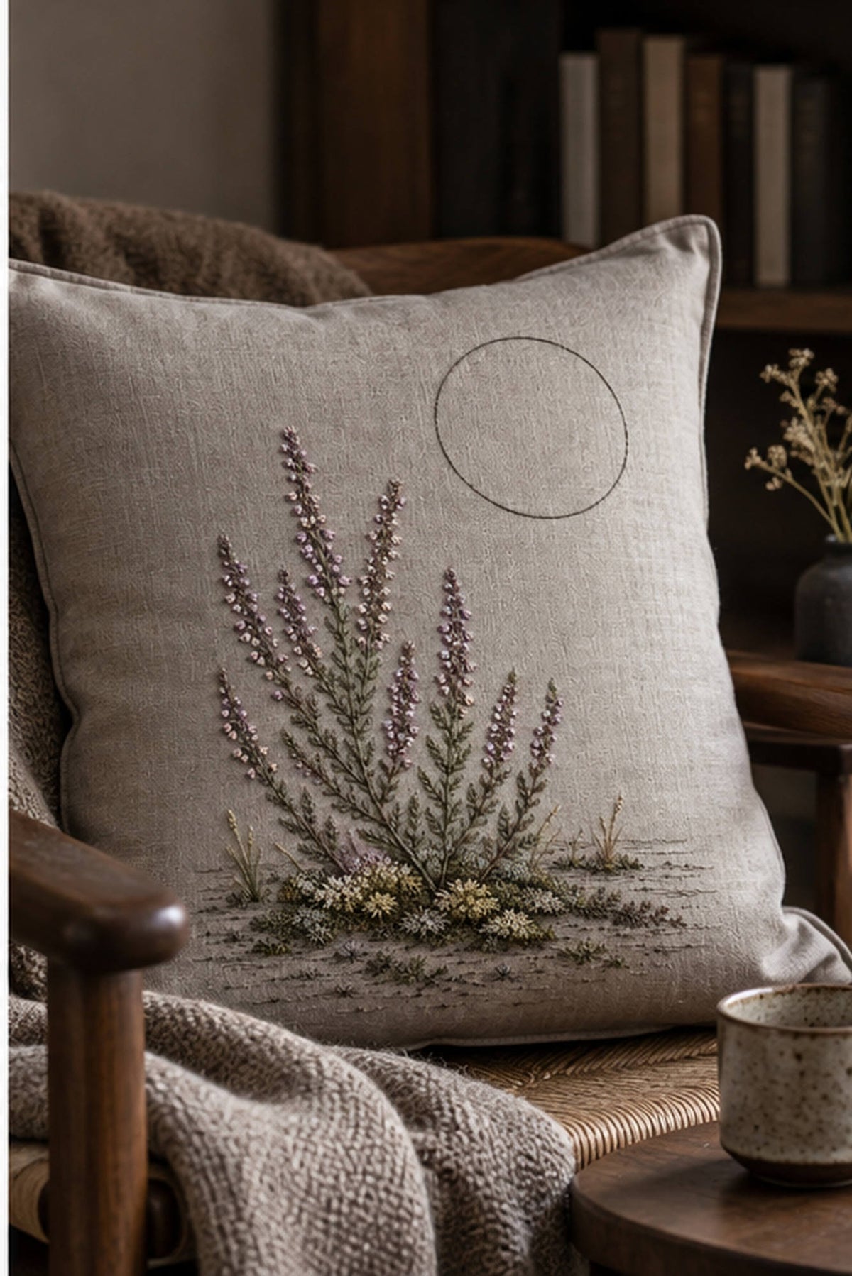 Linen cushion mockup featuring the Heather and Quiet Moss hand embroidery design. Mauve heather rises from a low moss bed, with an unfilled circle above the ground.