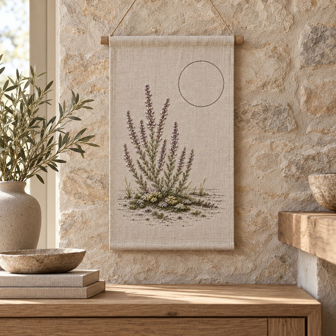 Framed linen textile mockup featuring the Heather and Quiet Moss hand embroidery design. Mauve heather rises from a low moss bed, with an unfilled circle above the ground.