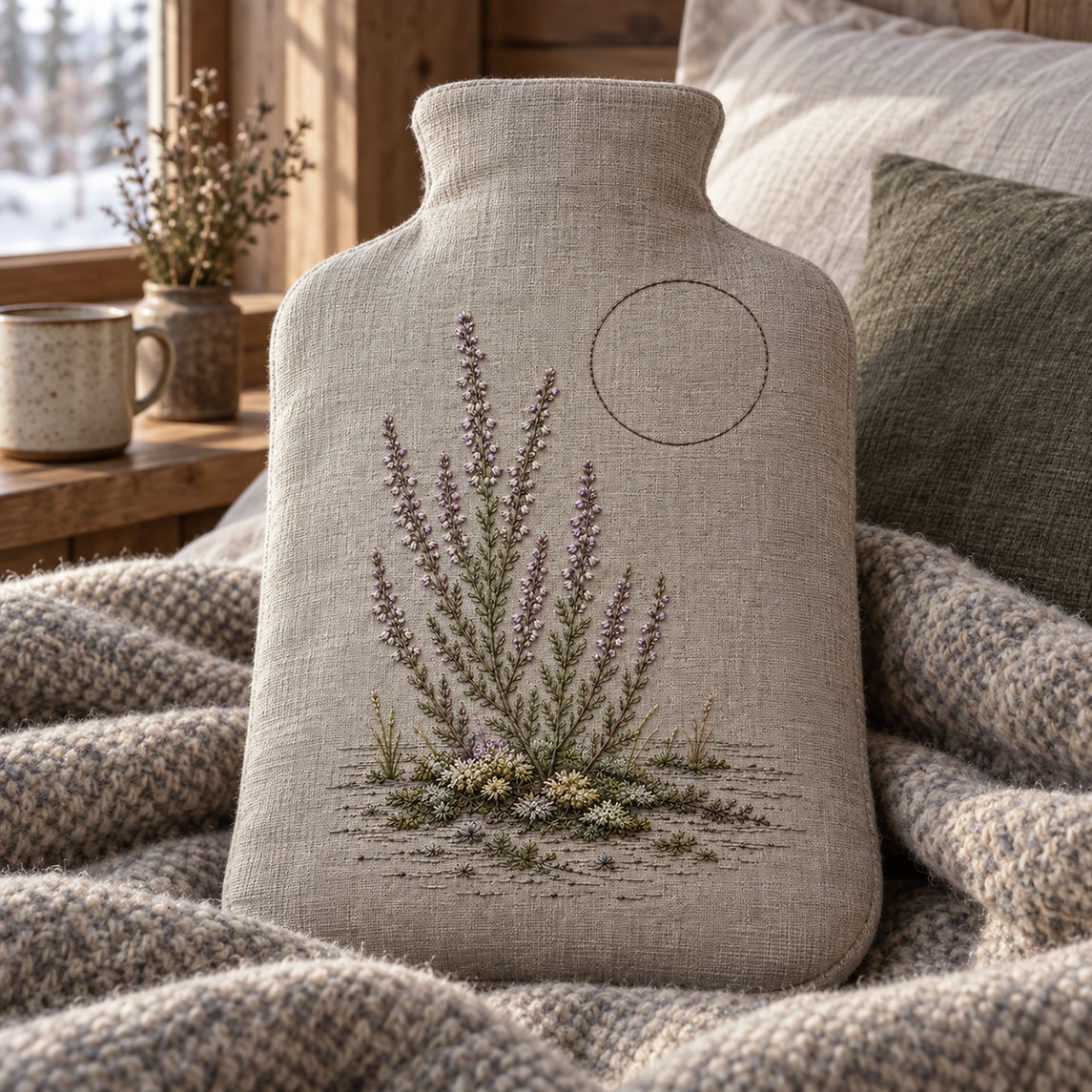Fabric hot-water bottle cover mockup featuring the Heather and Quiet Moss hand embroidery design. Mauve heather rises from a low moss bed, with an unfilled circle above the ground.