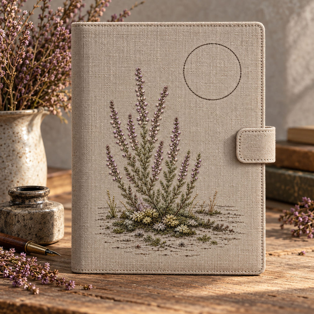 Framed linen on a table mockup featuring the Heather and Quiet Moss hand embroidery design. Mauve heather rises from a low moss bed, with an unfilled circle above the ground.
