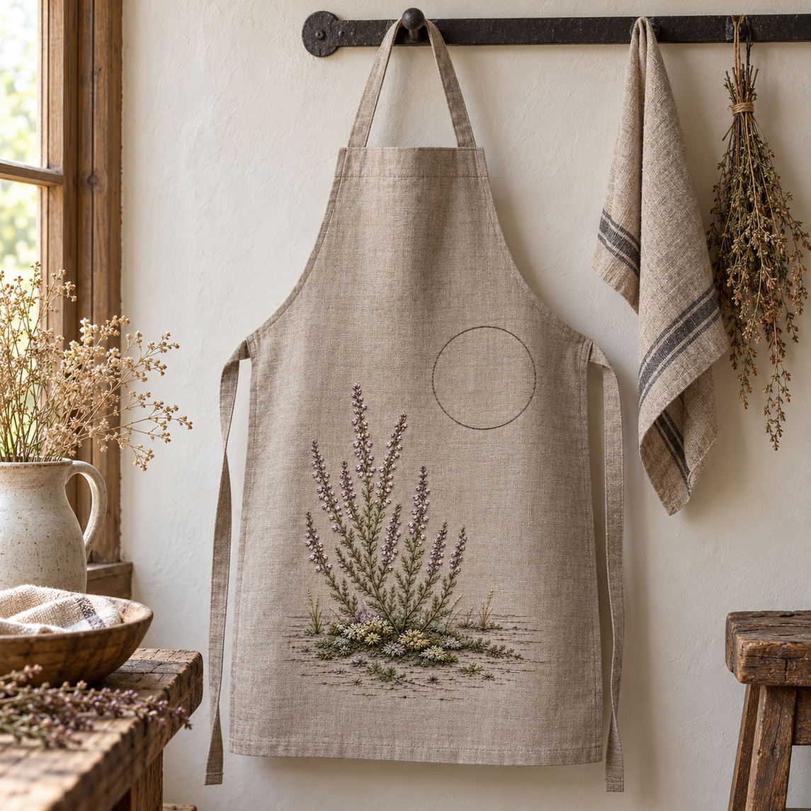 Linen apron mockup featuring the Heather and Quiet Moss hand embroidery design. Mauve heather rises from a low moss bed, with an unfilled circle above the ground.