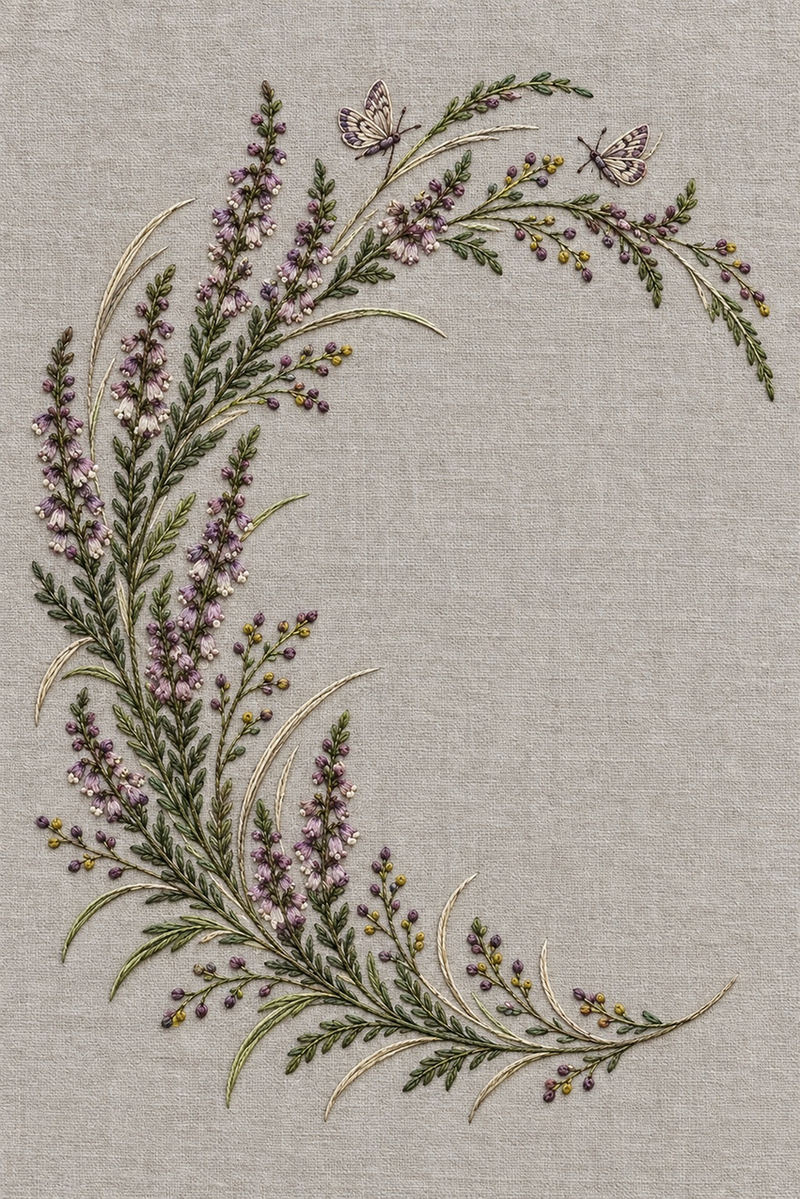 Illustrative embroidery design: Heather, seed sprigs and grasses follow a crescent, with two small moths among the details.