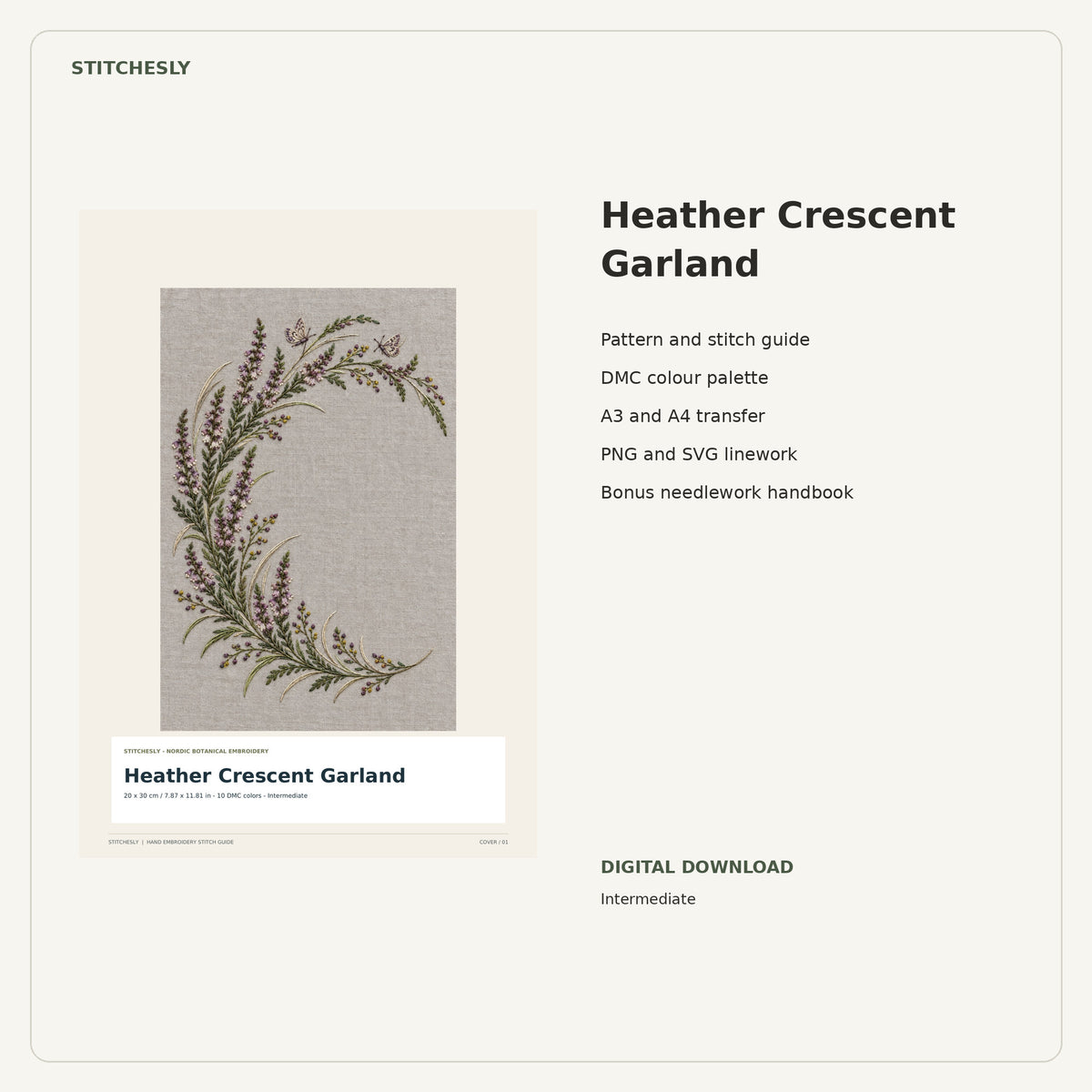 Heather Crescent Garland PDF stitch guide cover, pattern files and bonus needlework handbook.