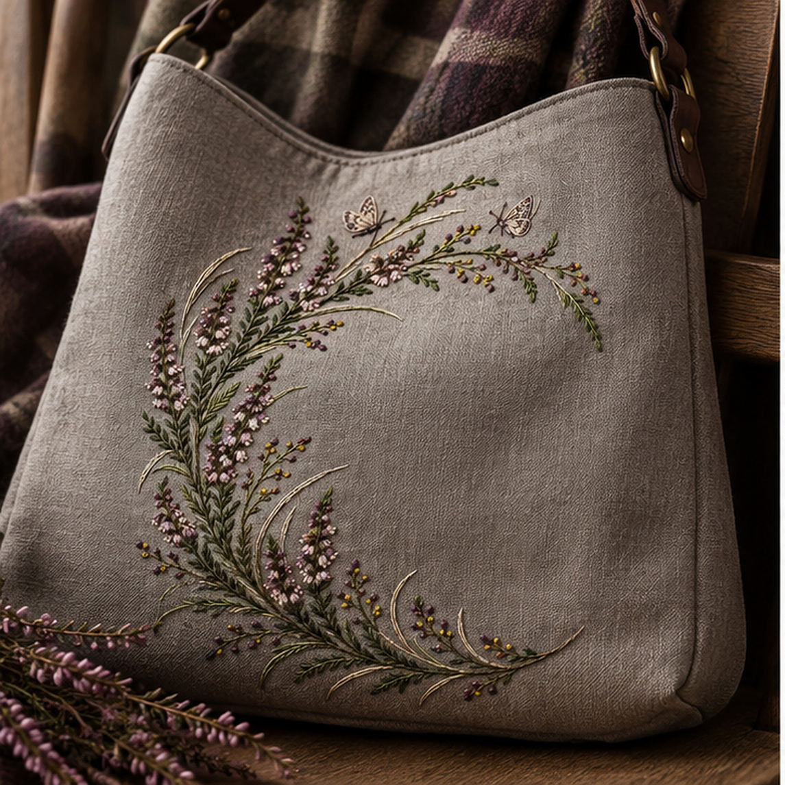 Linen cushion mockup featuring the Heather Crescent Garland hand embroidery design. Heather, seed sprigs and grasses follow a crescent, with two small moths among the details.