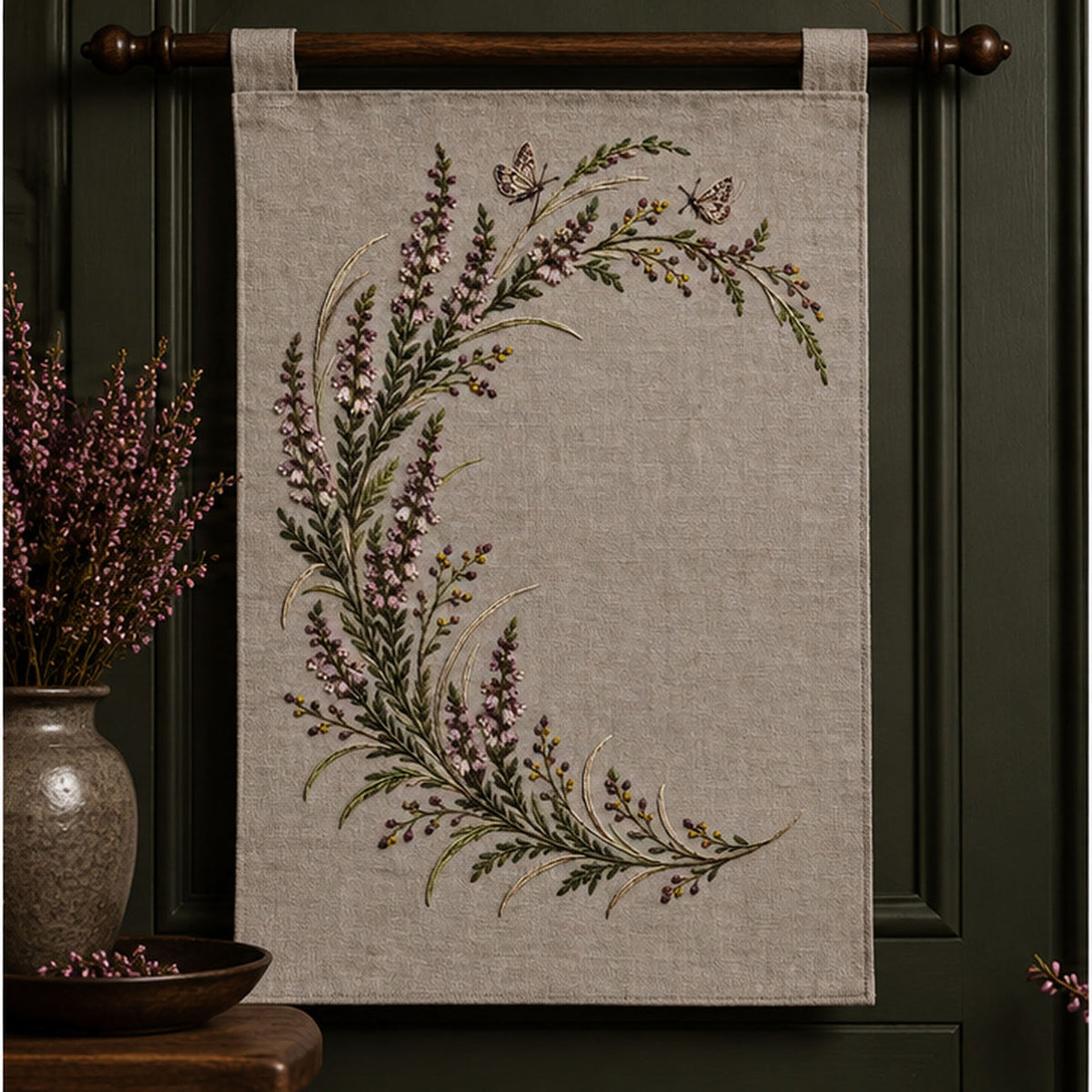 Framed linen panel mockup featuring the Heather Crescent Garland hand embroidery design. Heather, seed sprigs and grasses follow a crescent, with two small moths among the details.