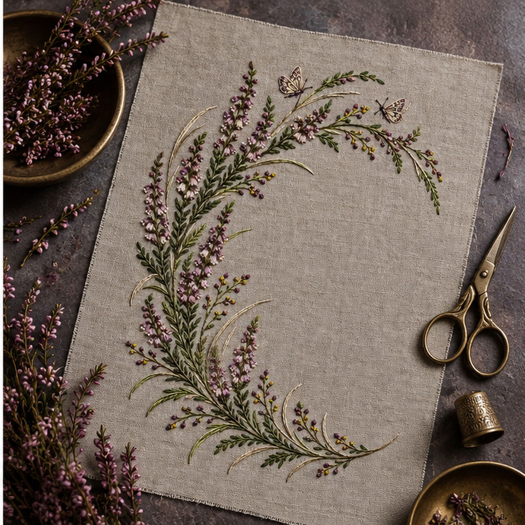 Linen textile laid flat mockup featuring the Heather Crescent Garland hand embroidery design. Heather, seed sprigs and grasses follow a crescent, with two small moths among the details.