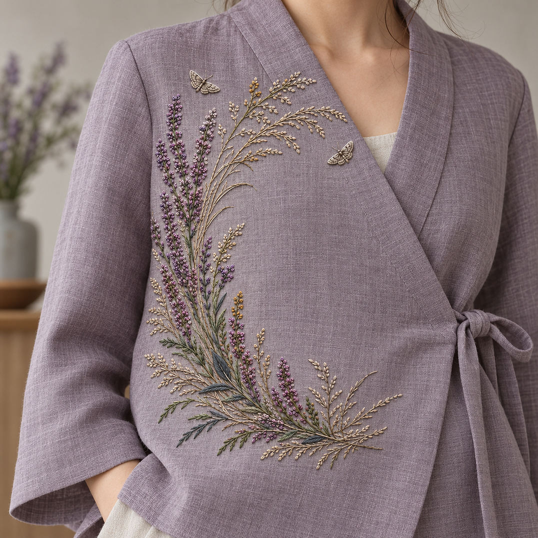 Lavender linen shirt mockup featuring the Heather Crescent Garland hand embroidery design. Heather, seed sprigs and grasses follow a crescent, with two small moths among the details.