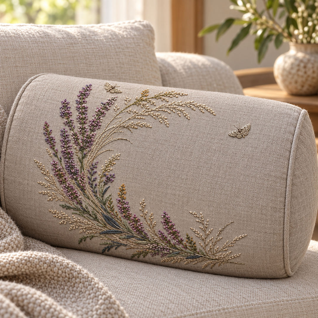 Long linen cushion mockup featuring the Heather Crescent Garland hand embroidery design. Heather, seed sprigs and grasses follow a crescent, with two small moths among the details.