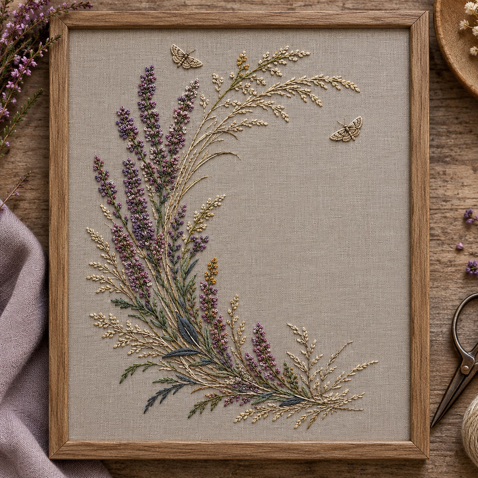 Embroidery hoop mockup featuring the Heather Crescent Garland hand embroidery design. Heather, seed sprigs and grasses follow a crescent, with two small moths among the details.