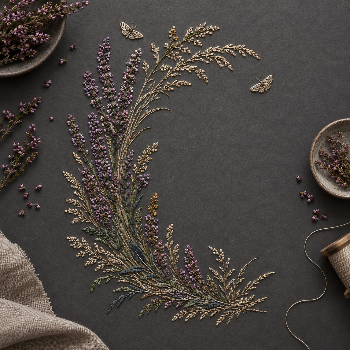 Dark linen botanical panel mockup featuring the Heather Crescent Garland hand embroidery design. Heather, seed sprigs and grasses follow a crescent, with two small moths among the details.