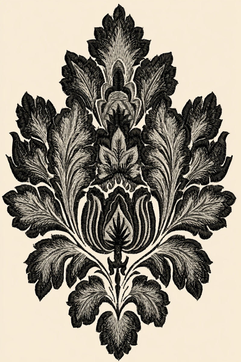 Heavy Damask Textile Motif from Baroque Scrollwork & Luxury Ornament Book 1, a digital embroidery design reference for machine embroidery designs, embroidery patterns and embroidery design reference.