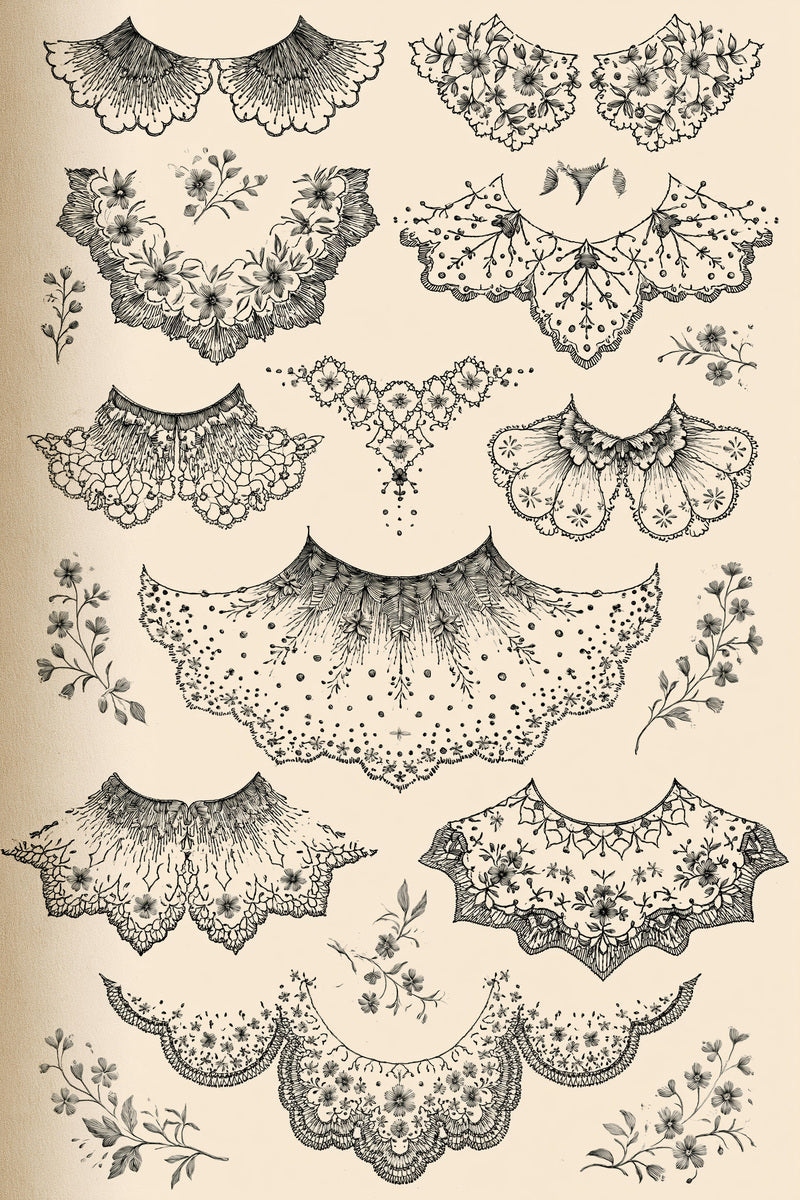 Heirloom Collar Library Plate Featuring from Necklines & Collars Embroidery Book 2, a digital embroidery design reference for machine embroidery designs, embroidery patterns and garment placement ideas.