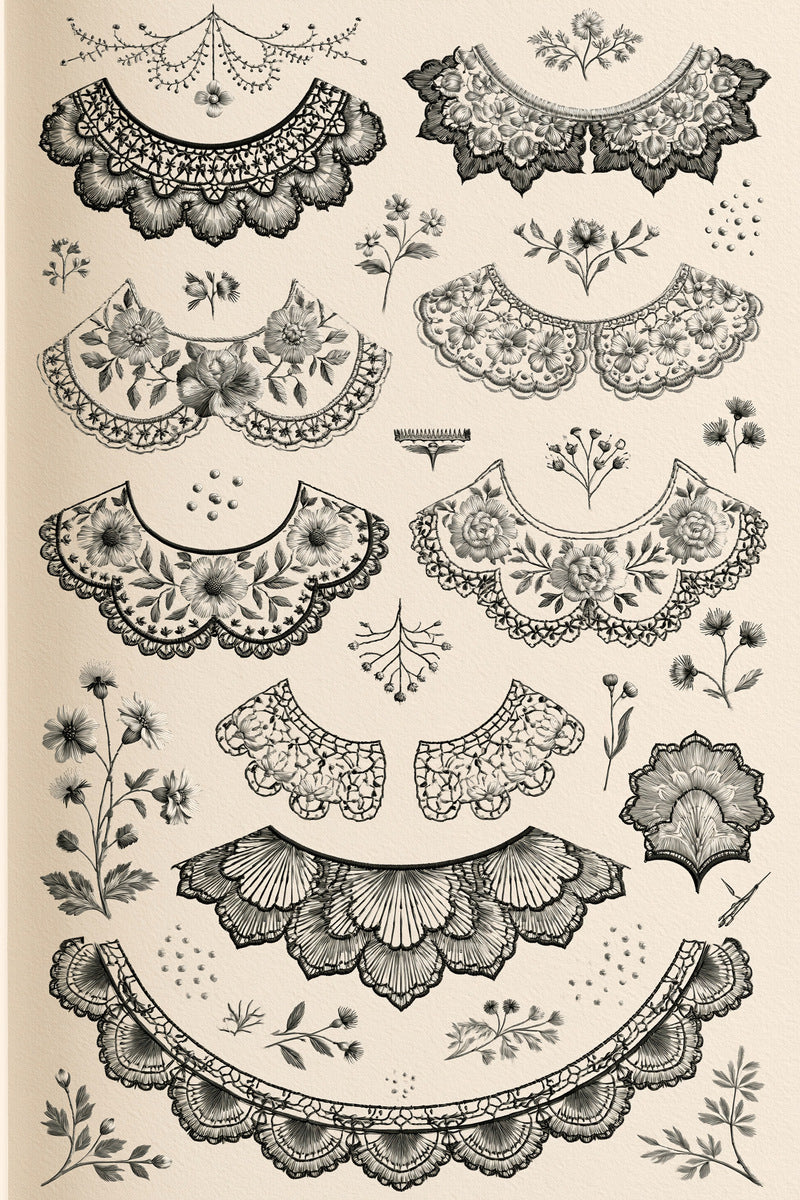 Heirloom Collar Library Plate Featuring from Necklines & Collars Embroidery Book 3, a digital embroidery design reference for machine embroidery designs, embroidery patterns and garment placement ideas.