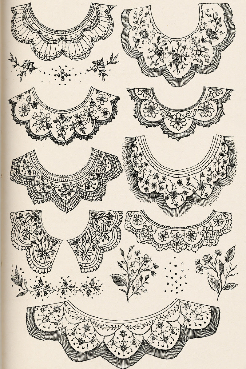 Heirloom Collar Library Plate Featuring from Necklines & Collars Embroidery Book 4, a digital embroidery design reference for machine embroidery designs, embroidery patterns and garment placement ideas.