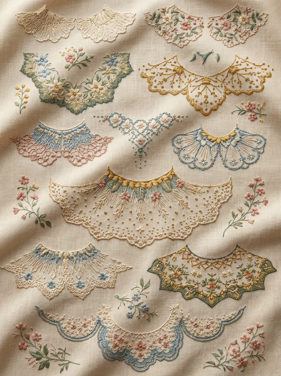Heirloom Collar Library Plate Featuring from Necklines & Collars Embroidery Book 2, a digital embroidery design reference for machine embroidery designs, embroidery patterns and garment placement ideas.