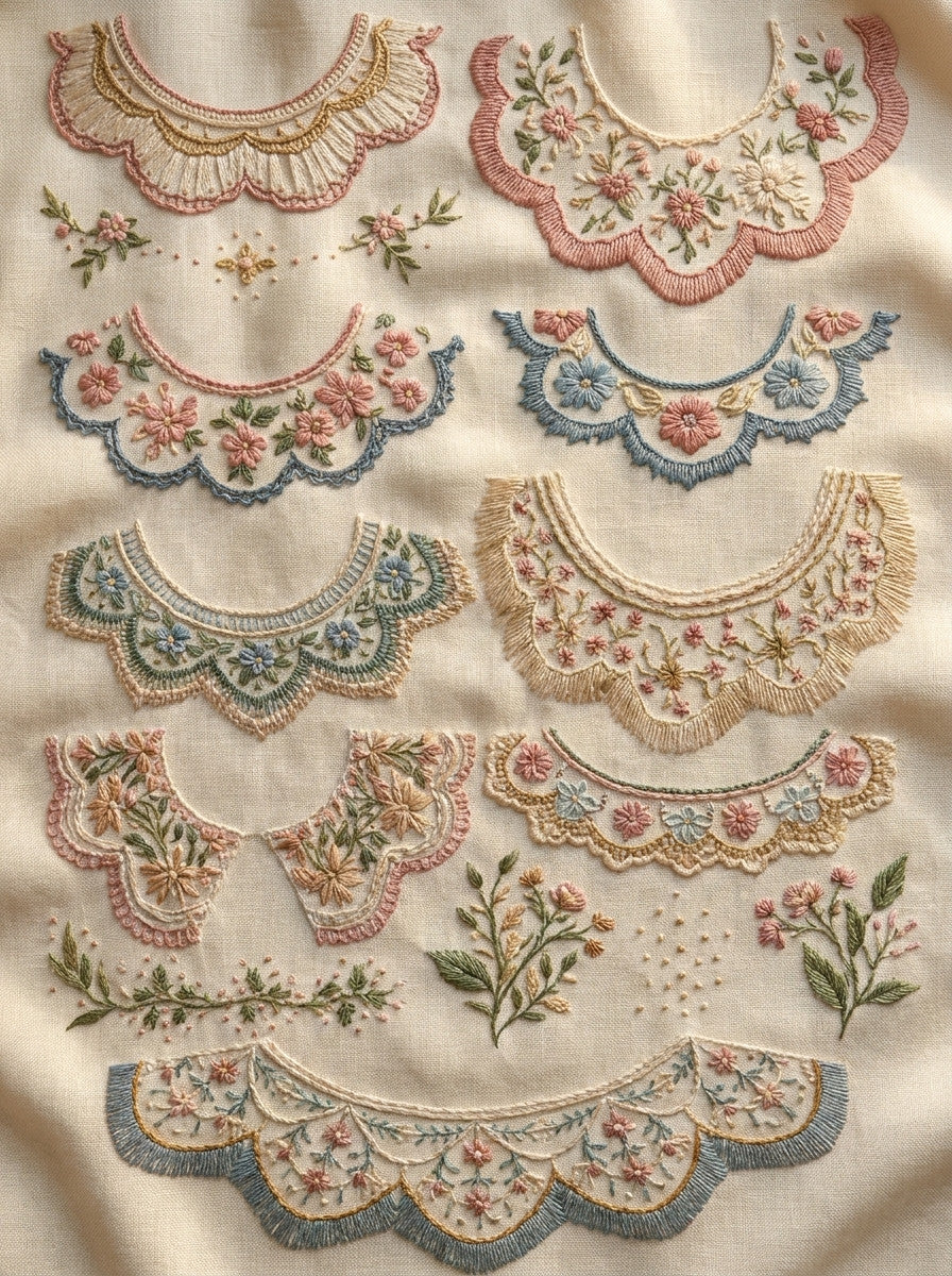 Heirloom Collar Library Plate Featuring from Necklines & Collars Embroidery Book 4, a digital embroidery design reference for machine embroidery designs, embroidery patterns and garment placement ideas.