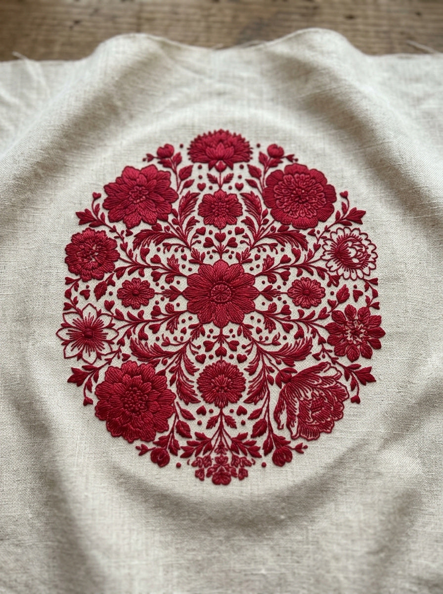 Heirloom Country Floral Medallion Folk from Folk Redwork & Country Florals Book 1, a digital embroidery design reference for machine embroidery designs, embroidery patterns and botanical and floral embroidery.