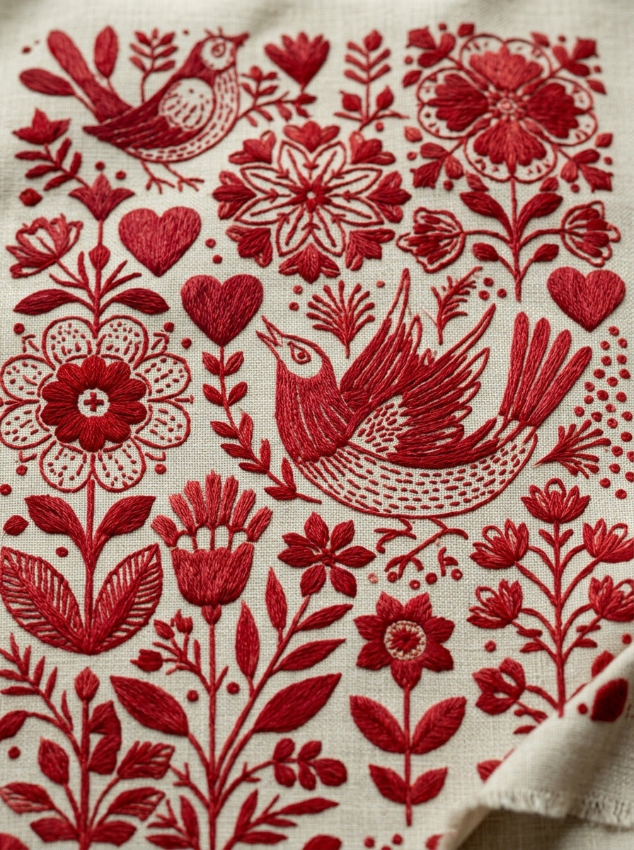 Heirloom Country Textile Library Plate from Folk Redwork & Country Florals Book 1, a digital embroidery design reference for machine embroidery designs, embroidery patterns and botanical and floral embroidery.