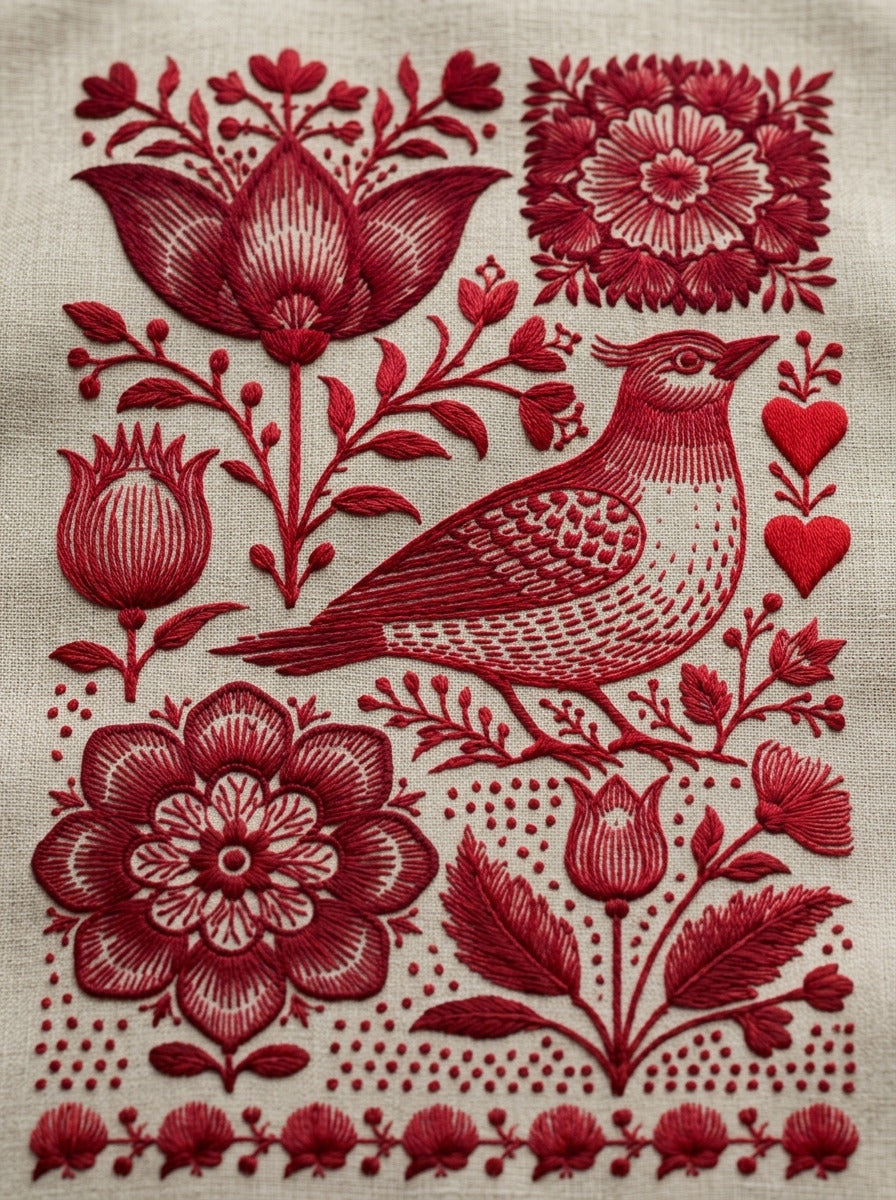 Heirloom Country Textile Library Plate from Folk Redwork & Country Florals Book 4, a digital embroidery design reference for machine embroidery designs, embroidery patterns and botanical and floral embroidery.