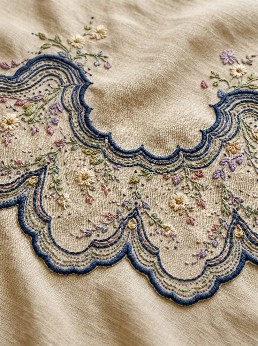 Heirloom Scalloped Collar Design Neckline from Necklines & Collars Embroidery Book 1, a digital embroidery design reference for machine embroidery designs, embroidery patterns and garment placement ideas.