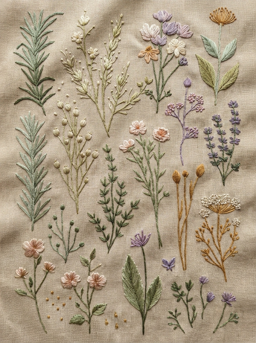 Herb And Meadow Filler Library from Botanical Sprig Library Book 9, a digital embroidery design reference for machine embroidery designs, embroidery patterns and small motif and accent designs.