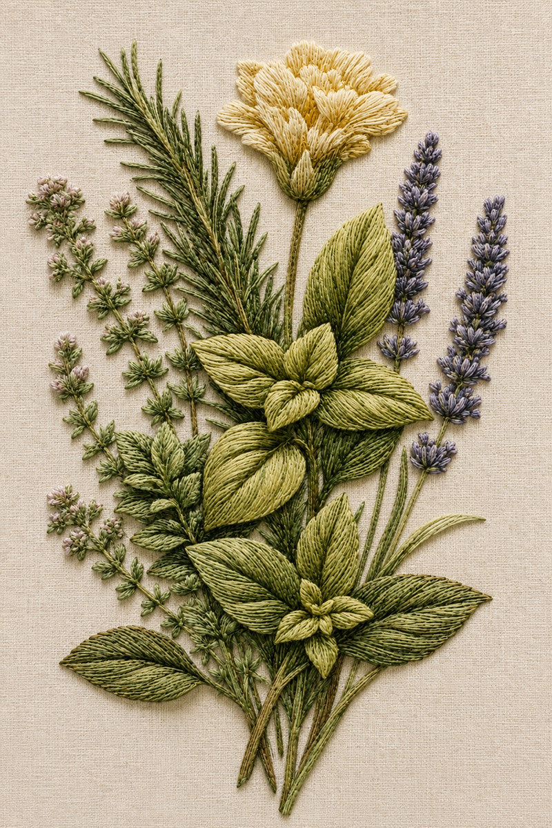 Herb Apron Pocket Motif 02 from Napkins, Table Runners & Kitchen Linens Book 4, a digital embroidery design reference for machine embroidery designs, embroidery patterns and border and edge embroidery.