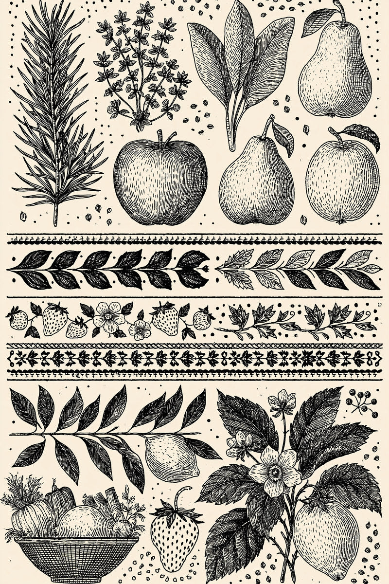 Herbs Fruits And Vegetables Collection from Kitchen Towels & Aprons Embroidery Book 2, a digital embroidery design reference for machine embroidery designs, embroidery patterns and linen and home textile projects.