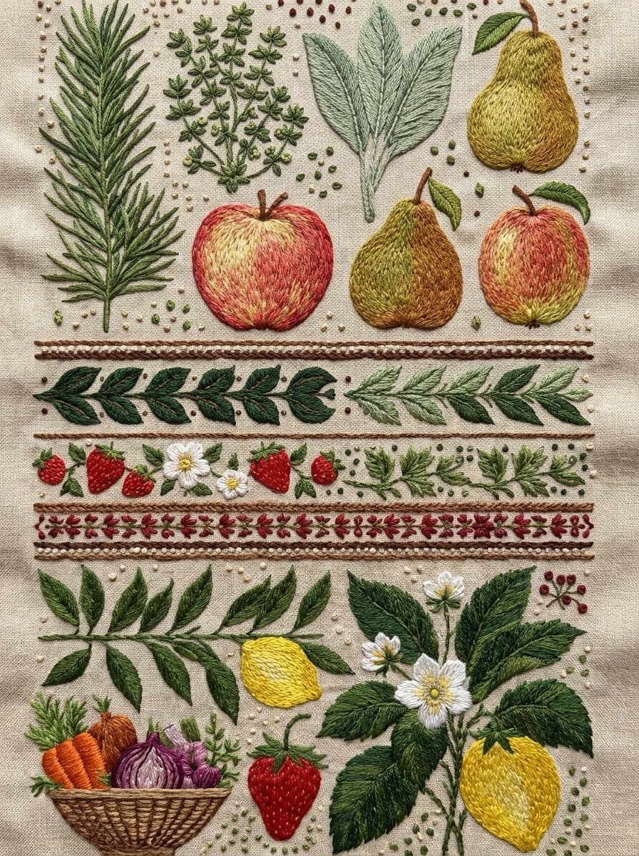Herbs Fruits And Vegetables Collection from Kitchen Towels & Aprons Embroidery Book 2, a digital embroidery design reference for machine embroidery designs, embroidery patterns and linen and home textile projects.
