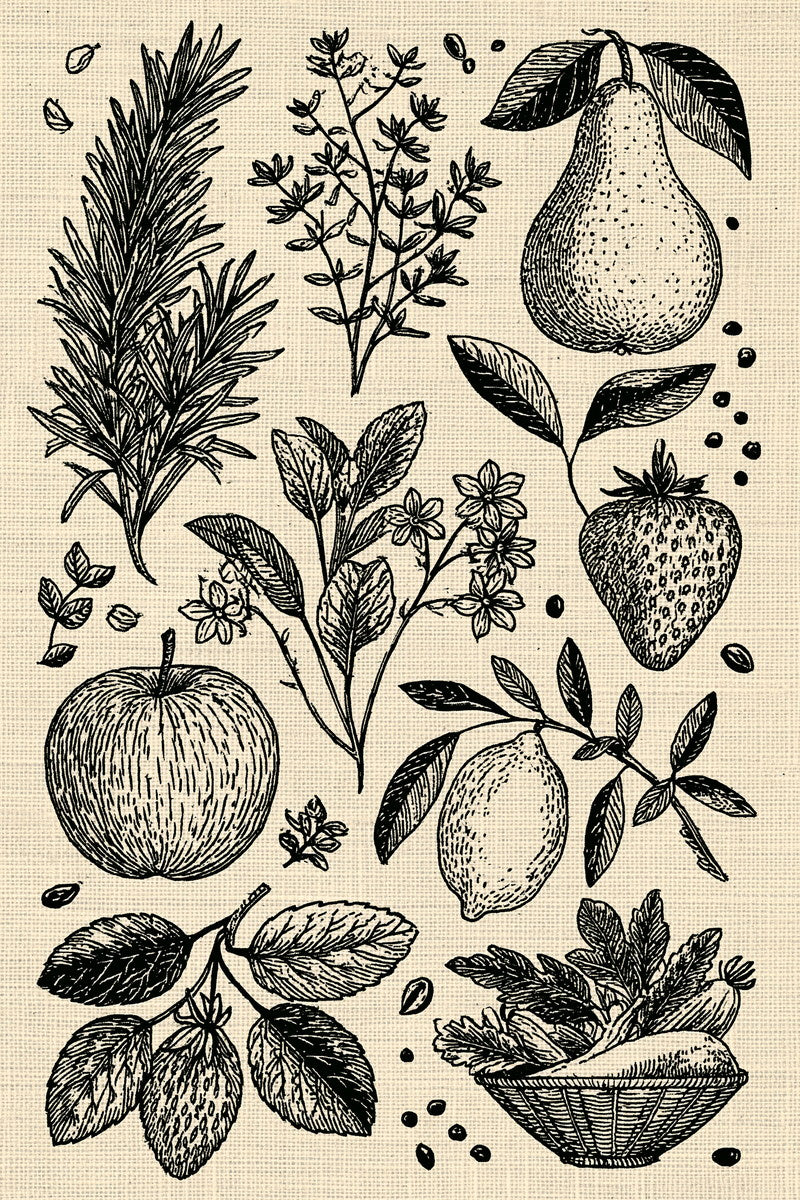 Herbs Fruits And Vegetables Library from Kitchen Towels & Aprons Embroidery Book 4, a digital embroidery design reference for machine embroidery designs, embroidery patterns and linen and home textile projects.