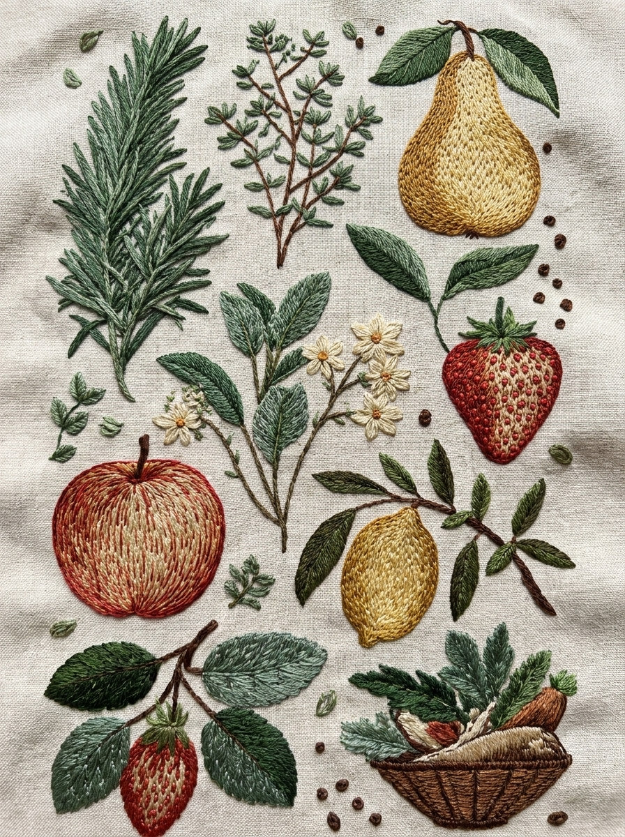 Herbs Fruits And Vegetables Library from Kitchen Towels & Aprons Embroidery Book 4, a digital embroidery design reference for machine embroidery designs, embroidery patterns and linen and home textile projects.
