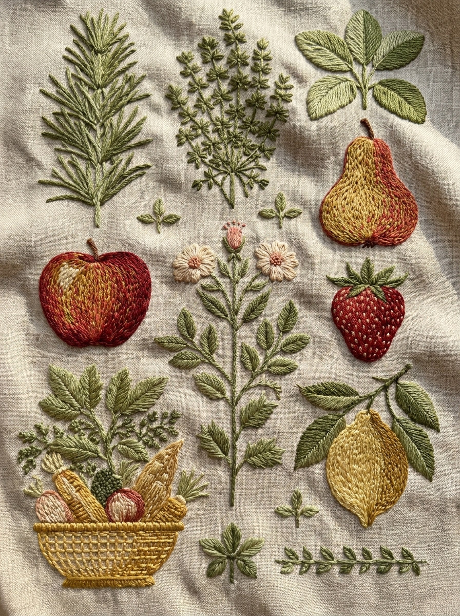 Herbs Fruits And Vegetables Set from Kitchen Towels & Aprons Embroidery Book 2, a digital embroidery design reference for machine embroidery designs, embroidery patterns and linen and home textile projects.