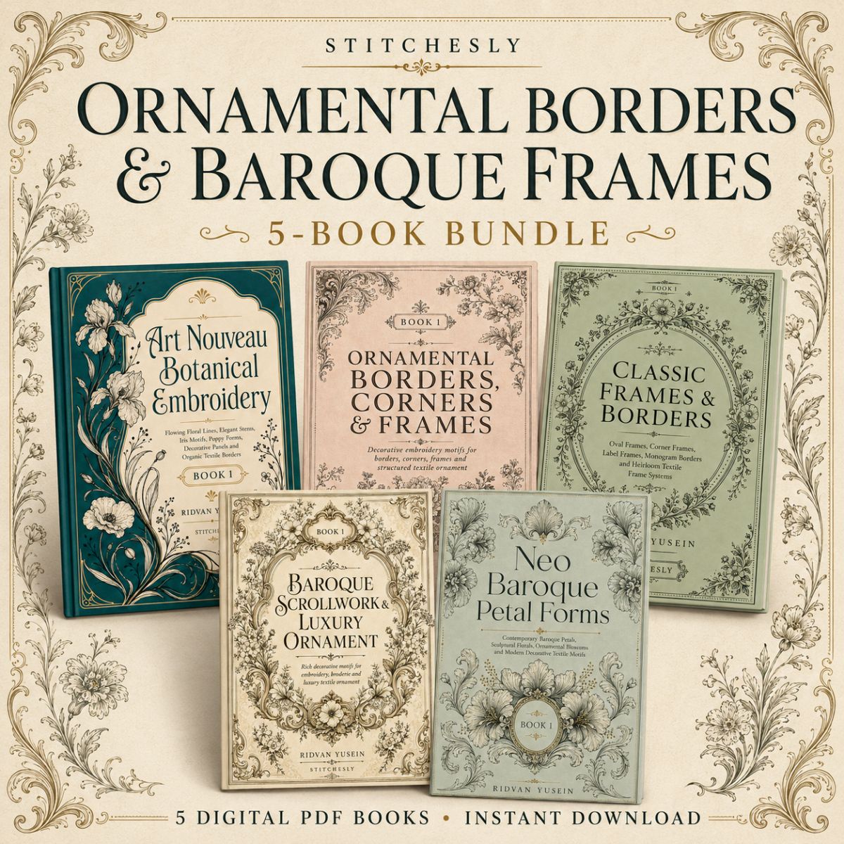 Digital PDF embroidery design bundle cover preview for Ornamental Borders & Baroque Frames Bundle 1, featuring curated embroidery patterns, motif library references and textile… - preview 1
