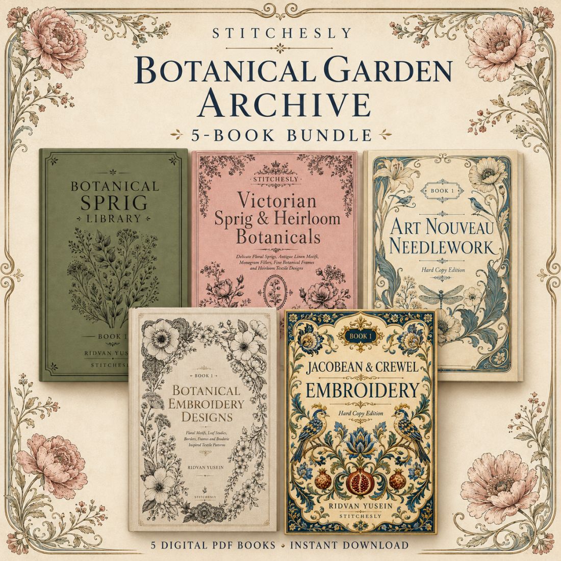 Digital PDF embroidery design bundle cover preview for Botanical Garden Archive Bundle 1, featuring curated embroidery patterns, motif library references and textile design… - preview 1