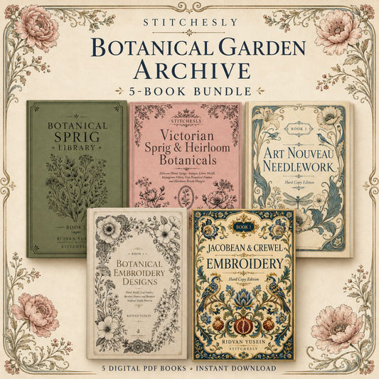 Digital PDF embroidery design bundle cover preview for Botanical Garden Archive Bundle 1, featuring curated embroidery patterns, motif library references and textile design… - preview 1