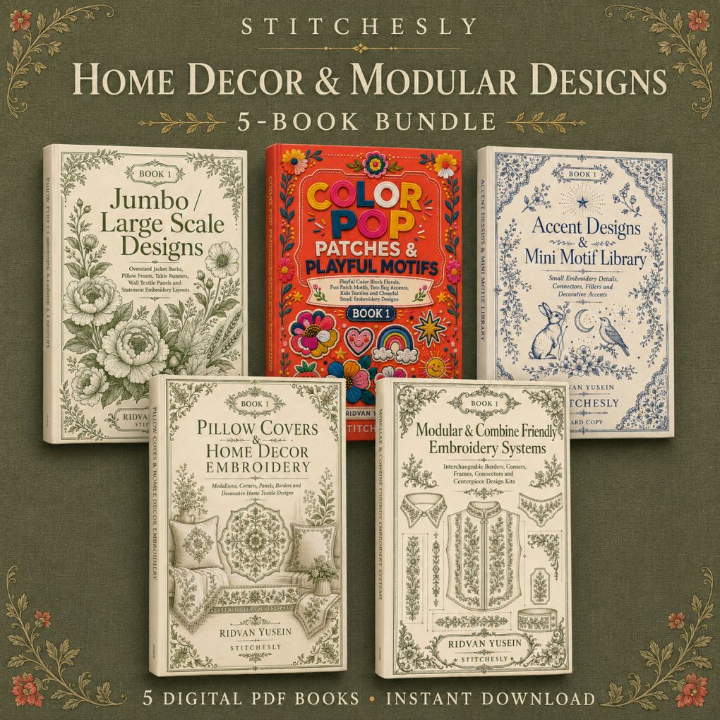 Digital PDF embroidery design bundle cover preview for Home Decor, Scale & Modular Systems Bundle 1, featuring curated embroidery patterns, motif library references and textile… - preview 1