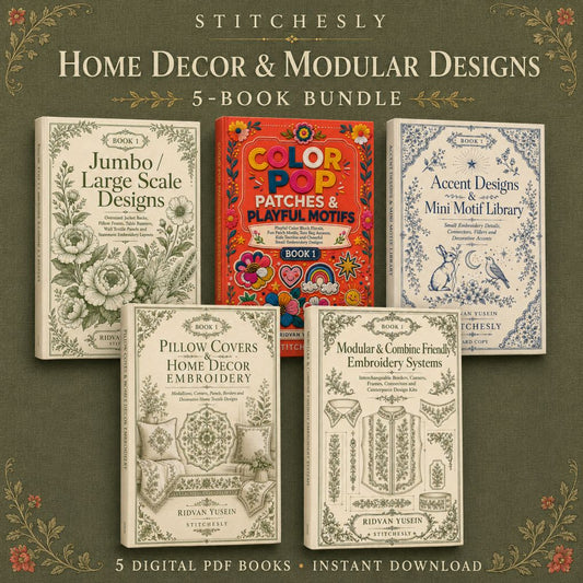 Digital PDF embroidery design bundle cover preview for Home Decor, Scale & Modular Systems Bundle 1, featuring curated embroidery patterns, motif library references and textile… - preview 1