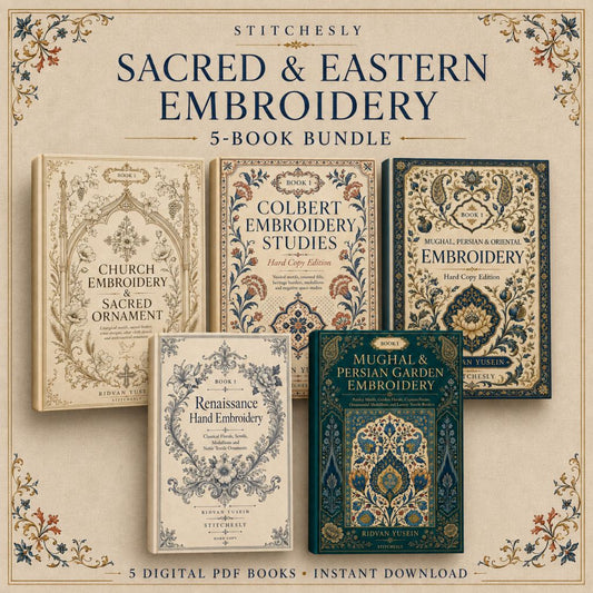 Digital PDF embroidery design bundle cover preview for Sacred, Renaissance & Eastern Ornament Bundle 1, featuring curated embroidery patterns, motif library references and… - preview 1
