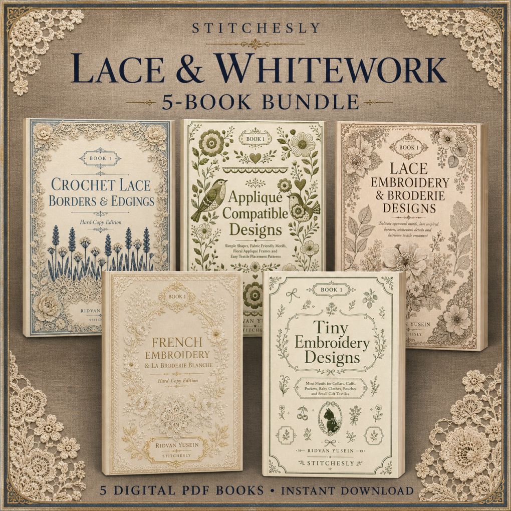 Digital PDF embroidery design bundle cover preview for Lace, Whitework & Delicate Detail Bundle 1, featuring curated embroidery patterns, motif library references and textile… - preview 1