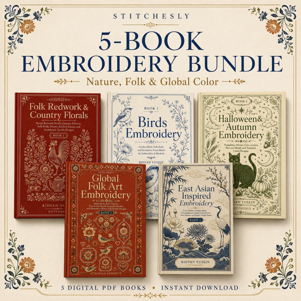 Digital PDF embroidery design bundle cover preview for Nature, Country Folk & Global Color Bundle 1, featuring curated embroidery patterns, motif library references and textile… - preview 1
