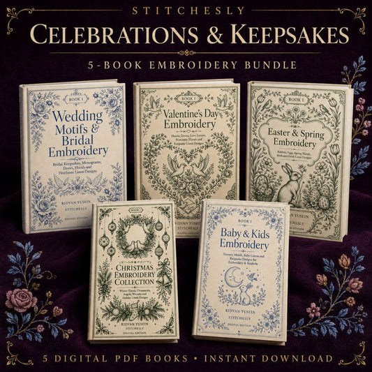 Digital PDF embroidery design bundle cover preview for Seasonal & Sentimental Motifs Bundle 1, featuring curated embroidery patterns, motif library references and textile design… - preview 1