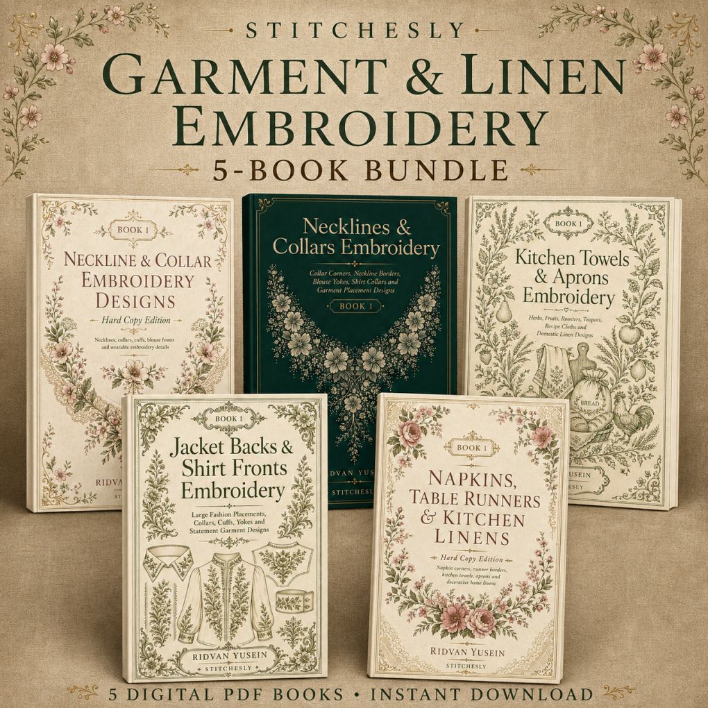 Digital PDF embroidery design bundle cover preview for Garment & Linen Placement Bundle 1, featuring curated embroidery patterns, motif library references and textile design… - preview 1