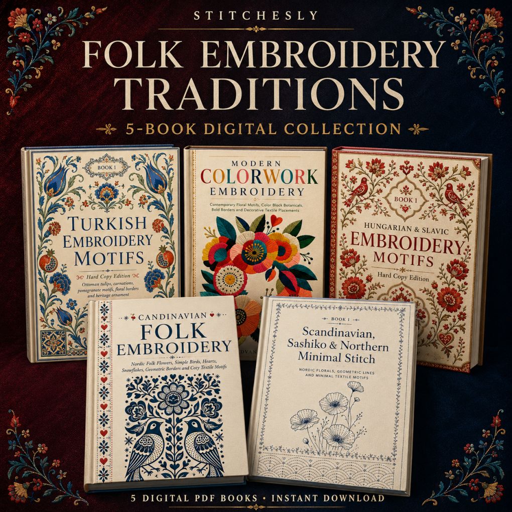 Digital PDF embroidery design bundle cover preview for European Folk & Northern Stitch Bundle 1, featuring curated embroidery patterns, motif library references and textile… - preview 1