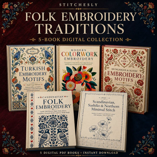 Digital PDF embroidery design bundle cover preview for European Folk & Northern Stitch Bundle 1, featuring curated embroidery patterns, motif library references and textile… - preview 1