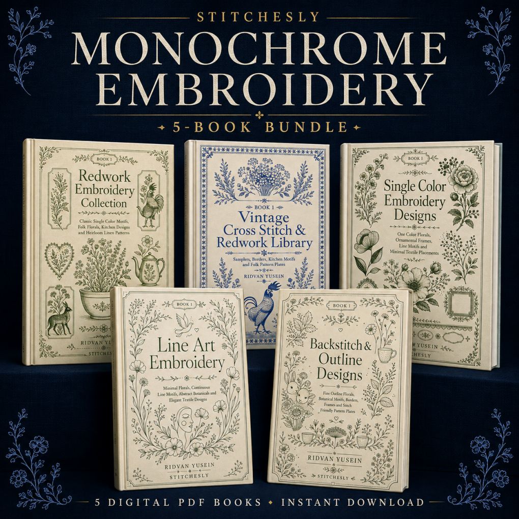 Digital PDF embroidery design bundle cover preview for Monochrome Stitch Language Bundle 1, featuring curated embroidery patterns, motif library references and textile design… - preview 1