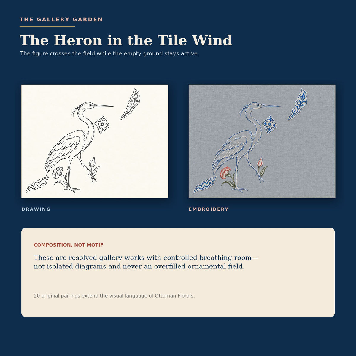 The Heron in the Tile Wind gallery artwork pair with spacious line drawing and embroidered interpretation.
