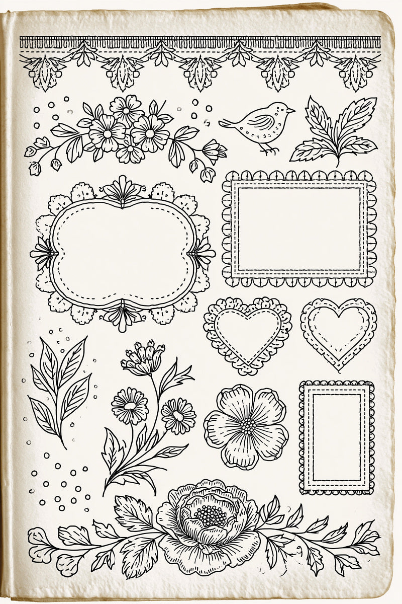 Home Linen Outline Library Plate from Backstitch & Outline Designs Book 1, a digital embroidery design reference for machine embroidery designs, embroidery patterns and linen and home textile projects.