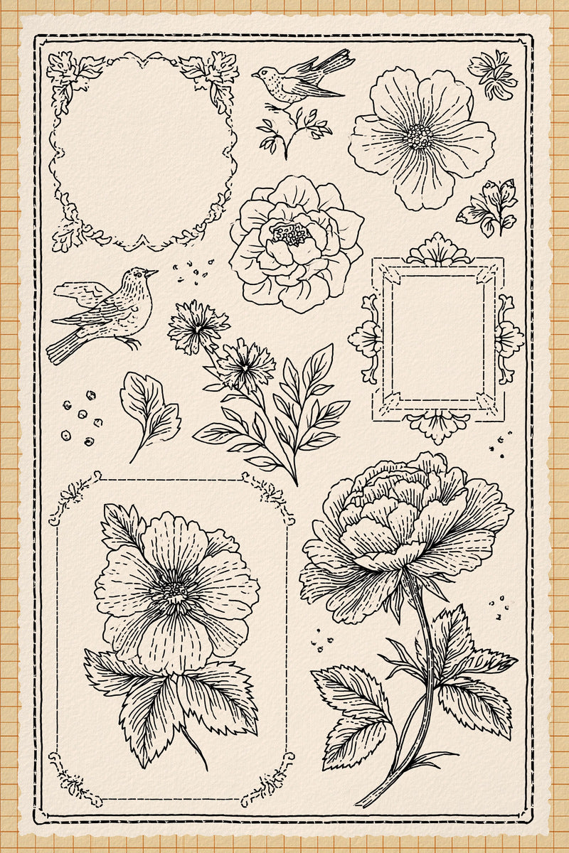 Home Linen Outline Library Plate from Backstitch & Outline Designs Book 3, a digital embroidery design reference for machine embroidery designs, embroidery patterns and linen and home textile projects.
